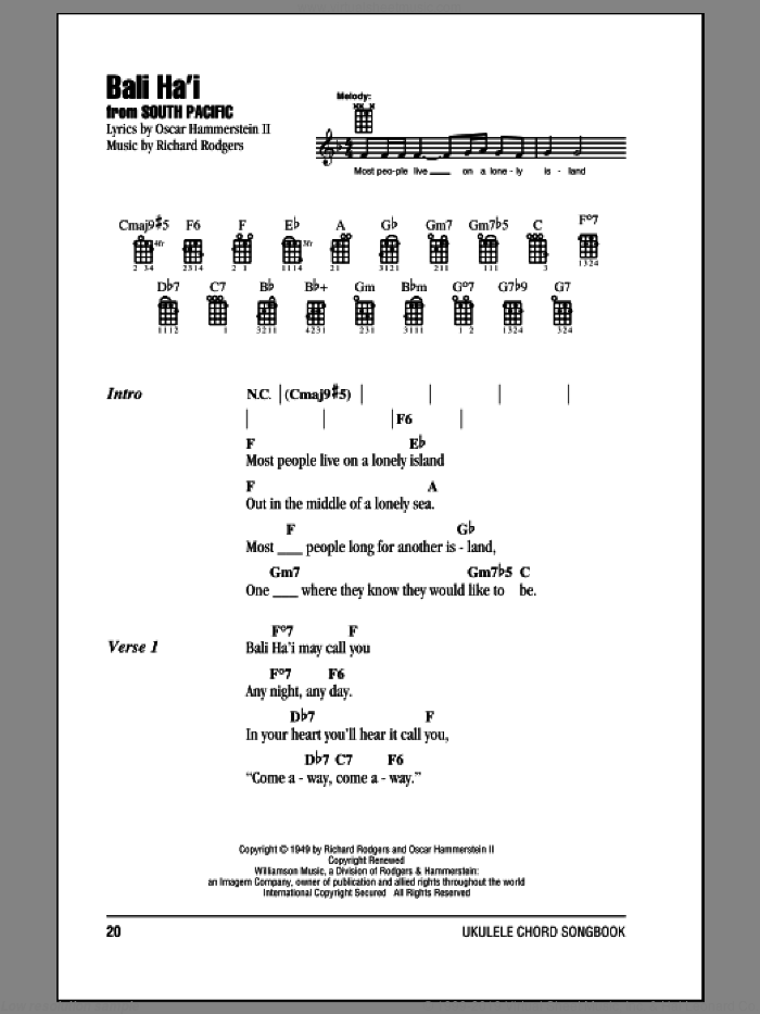 Bali Ha'i sheet music for ukulele (chords) by Rodgers & Hammerstein, Oscar II Hammerstein and Richard Rodgers, intermediate skill level