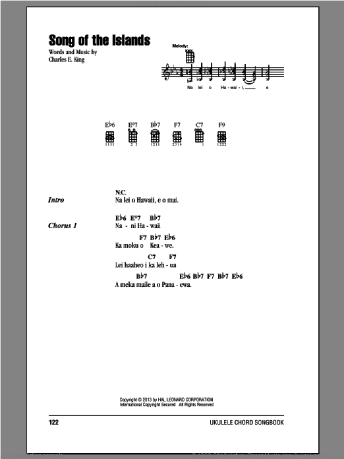 Song Of The Islands sheet music for ukulele (chords) by Charles E. King, intermediate skill level