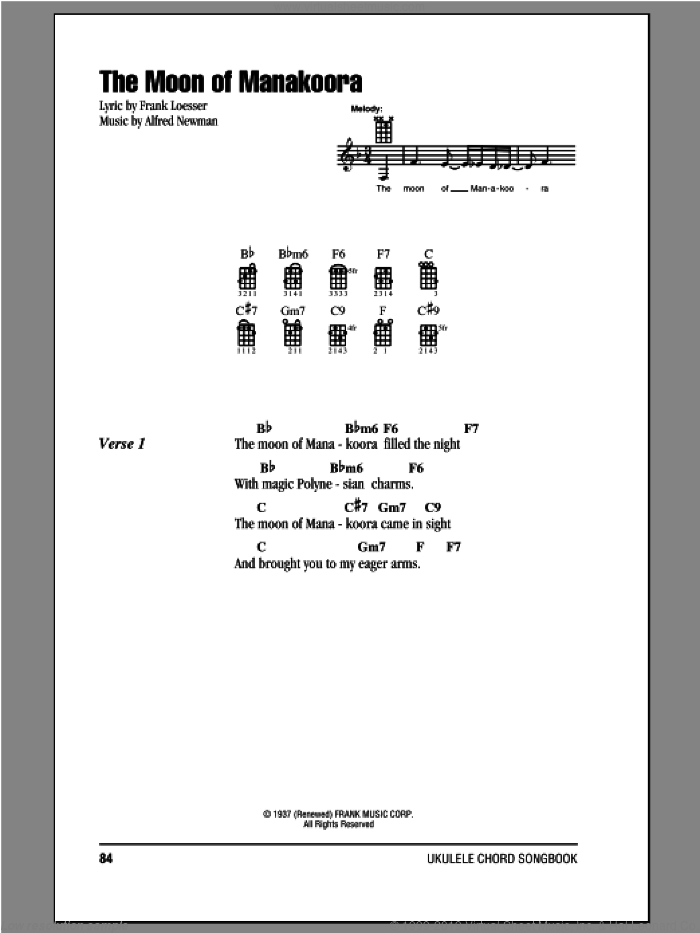 The Moon Of Manakoora sheet music for ukulele (chords) by Frank Loesser and Alfred Newman, intermediate skill level
