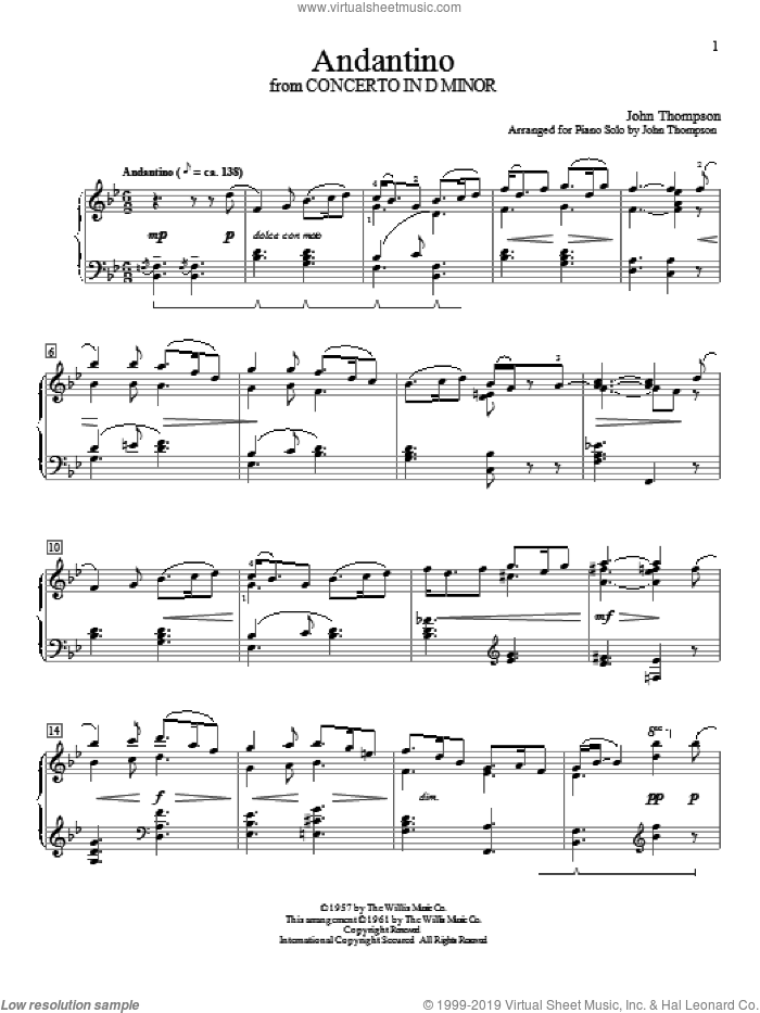 Andantino sheet music for piano solo (elementary) by John Thompson, beginner piano (elementary)