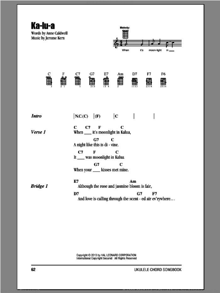 Ka-lu-a sheet music for ukulele (chords) by Anne Caldwell and Jerome Kern, intermediate skill level