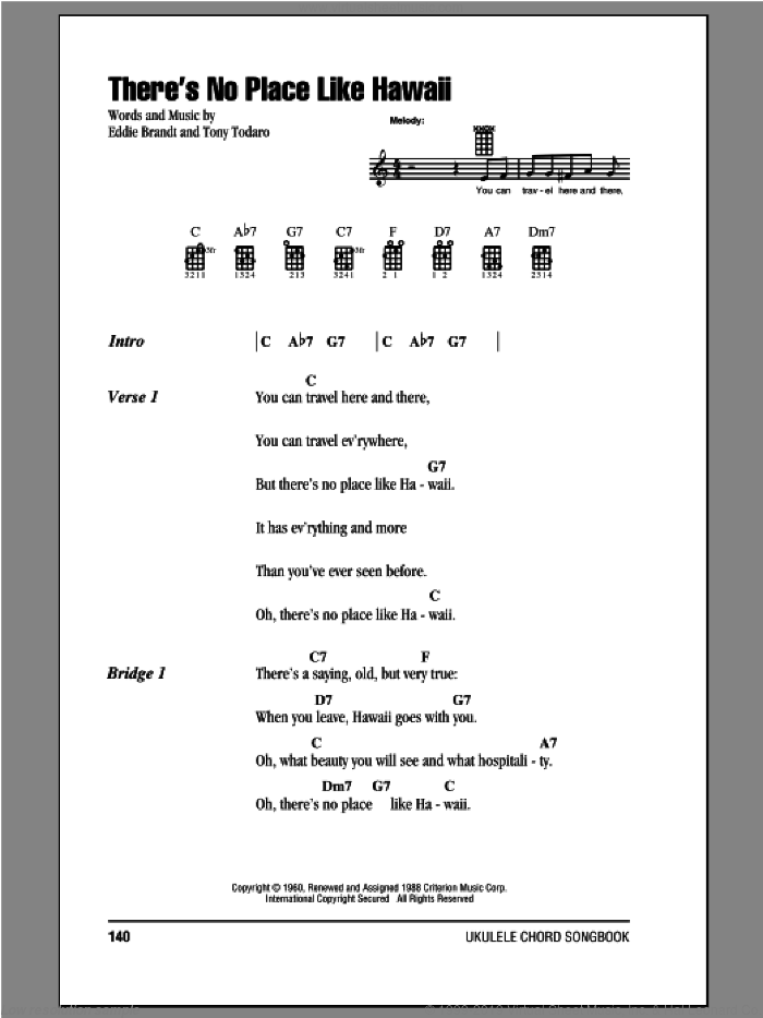 There's No Place Like Hawaii sheet music for ukulele (chords) by Tony Todaro and Eddie Brandt, intermediate skill level