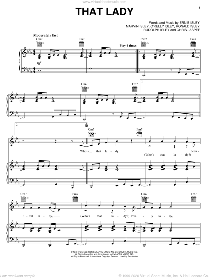 That Lady, Pt. 1/That Lady, Pt. 2 sheet music for voice, piano or guitar by The Isley Brothers, Chris Jasper, Ernie Isley, Marvin Isley, O Kelly Isley, Ronald Isley and Rudolph Isley, intermediate skill level