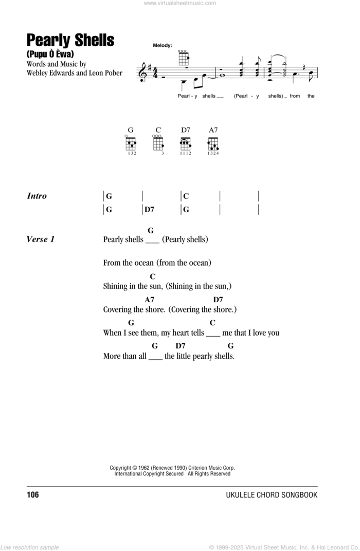 Pearly Shells (Pupu O Ewa) sheet music for ukulele (chords) by Webley Edwards, Don Ho and Leon Pober, intermediate skill level