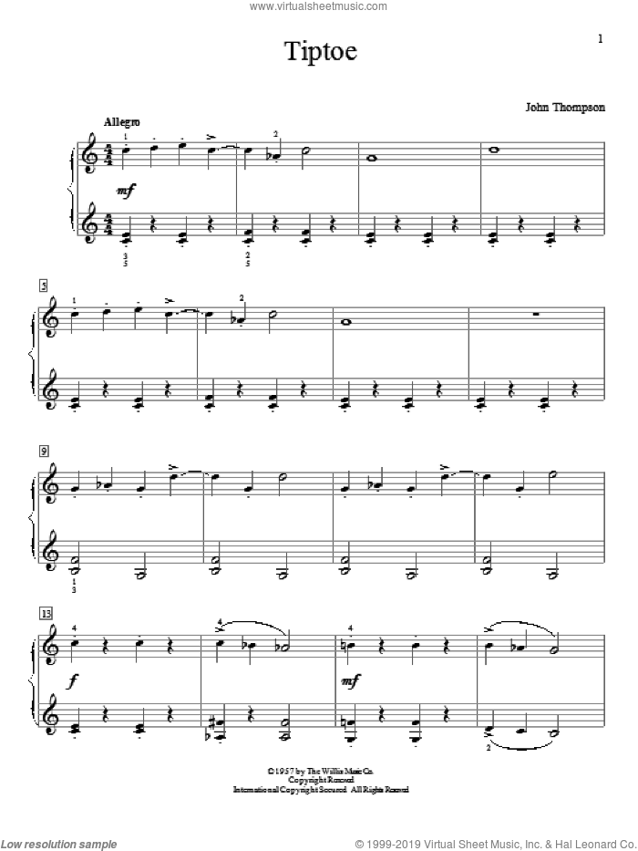Tiptoe sheet music for piano solo (elementary) by John Thompson, beginner piano (elementary)