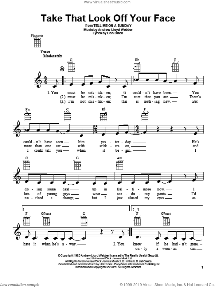 Take That Look Off Your Face sheet music for ukulele by Andrew Lloyd Webber, intermediate skill level
