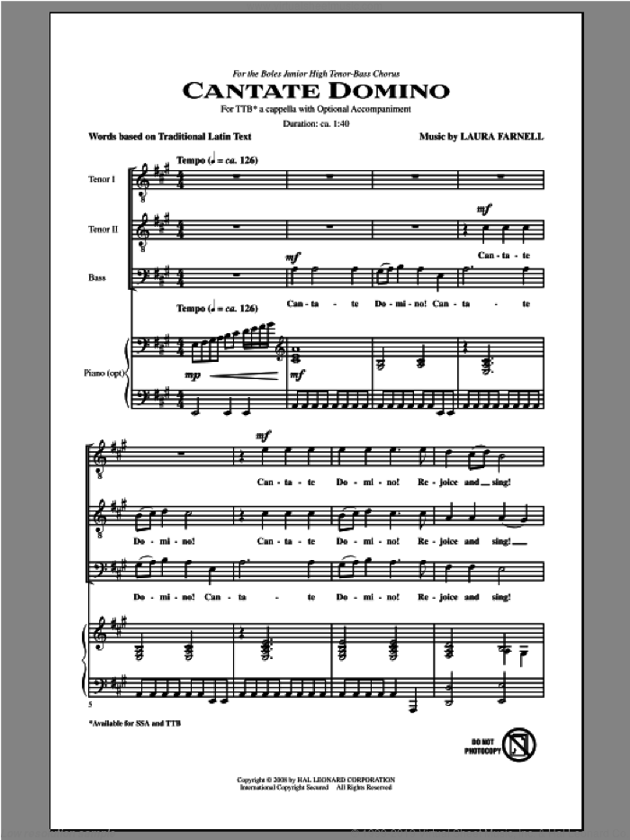 Cantate Domino sheet music for choir (TTBB: tenor, bass) by Laura Farnell, intermediate skill level