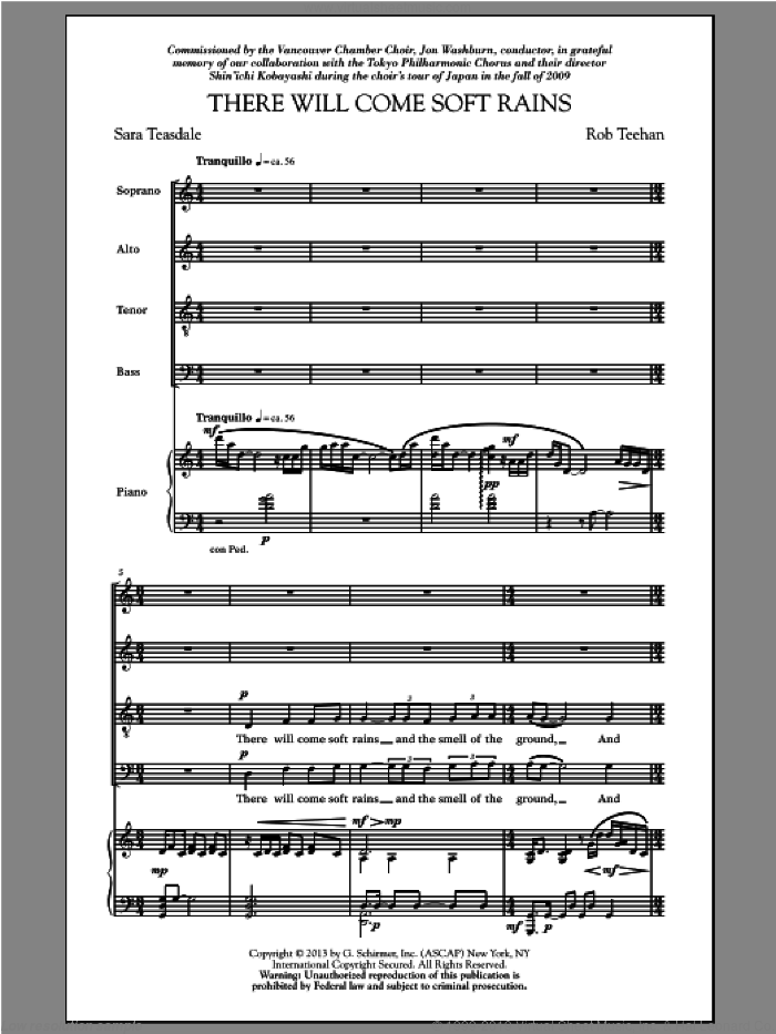 There Will Come Soft Rains sheet music for choir (SATB: soprano, alto, tenor, bass) by Rob Teehan and Sara Teasdale, intermediate skill level