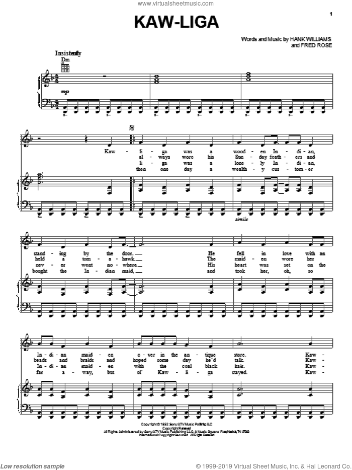 Kaw-Liga sheet music for voice, piano or guitar by Hank Williams and Fred Rose, intermediate skill level