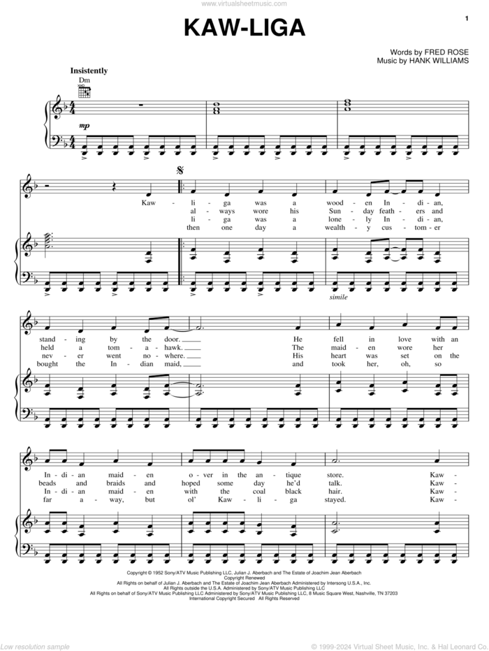 Kaw-Liga sheet music for voice, piano or guitar by Hank Williams and Fred Rose, intermediate skill level