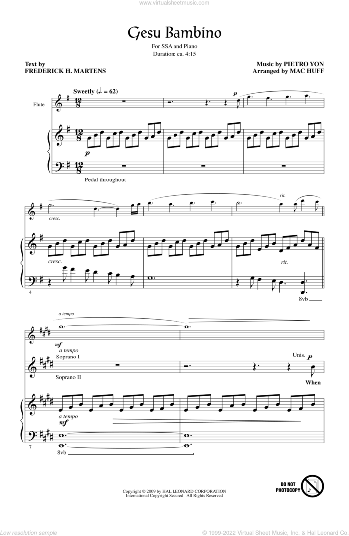 Gesu Bambino (The Infant Jesus) sheet music for choir (SSA: soprano, alto) by Pietro Yon and Mac Huff, intermediate skill level