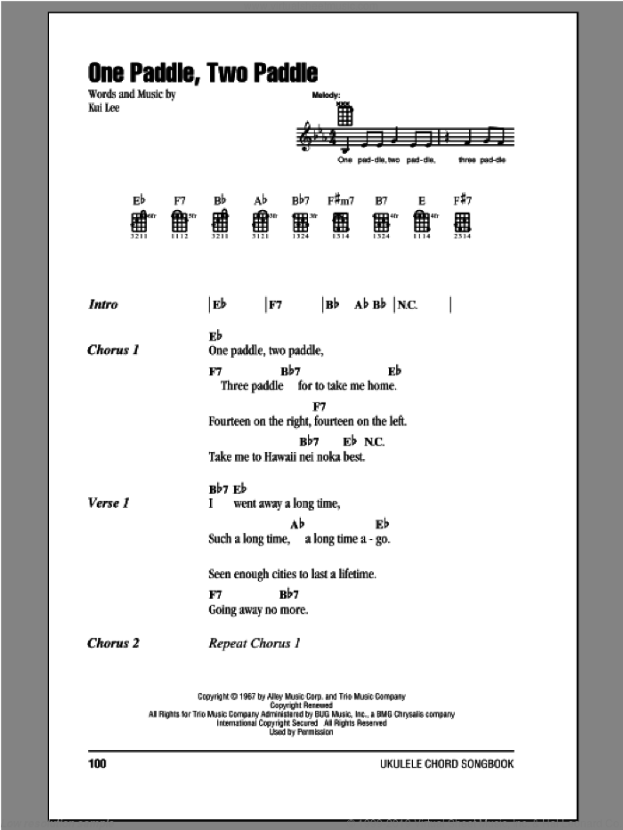 One Paddle, Two Paddle sheet music for ukulele (chords) by Kui Lee, intermediate skill level