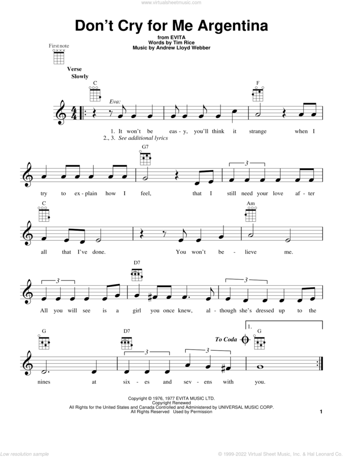 Don't Cry For Me Argentina sheet music for ukulele by Andrew Lloyd Webber and Tim Rice, intermediate skill level