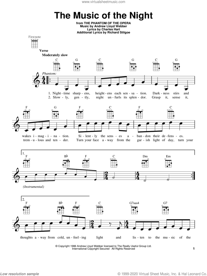 The Music Of The Night (from The Phantom Of The Opera) sheet music for ukulele by Andrew Lloyd Webber, intermediate skill level