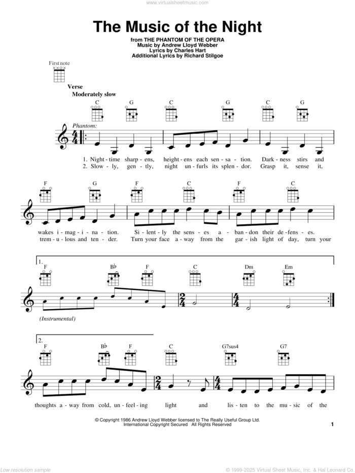 The Music Of The Night (from The Phantom Of The Opera) sheet music for ukulele by Andrew Lloyd Webber, intermediate skill level