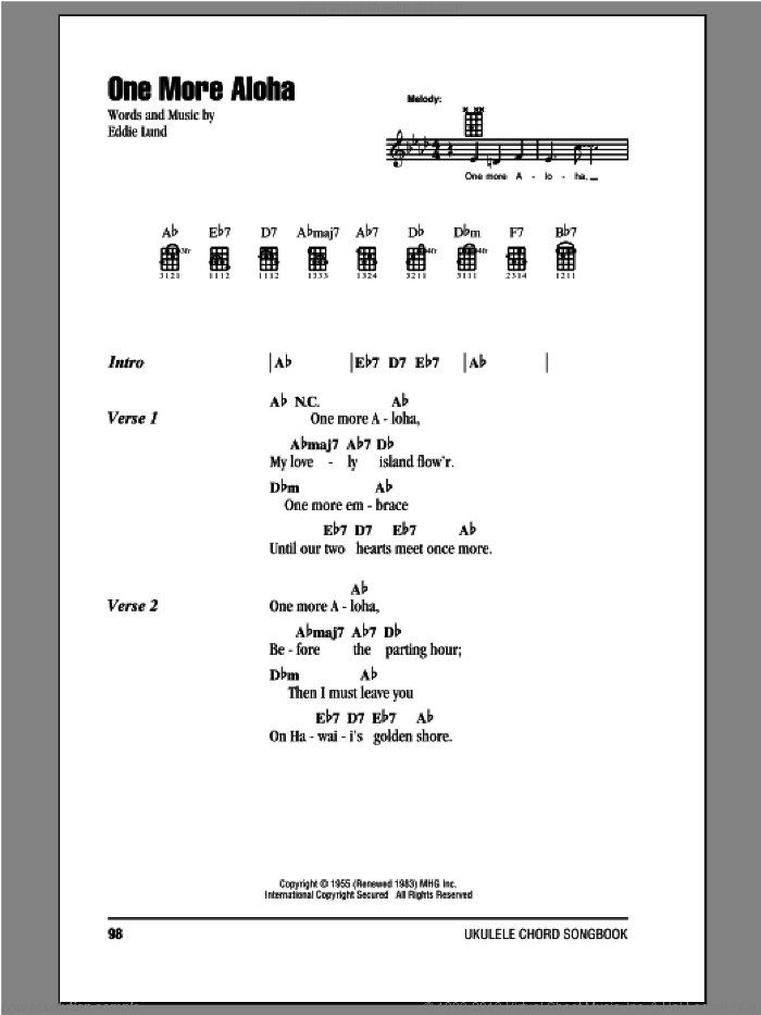 One More Aloha sheet music for ukulele (chords) by Eddie Lund, intermediate skill level