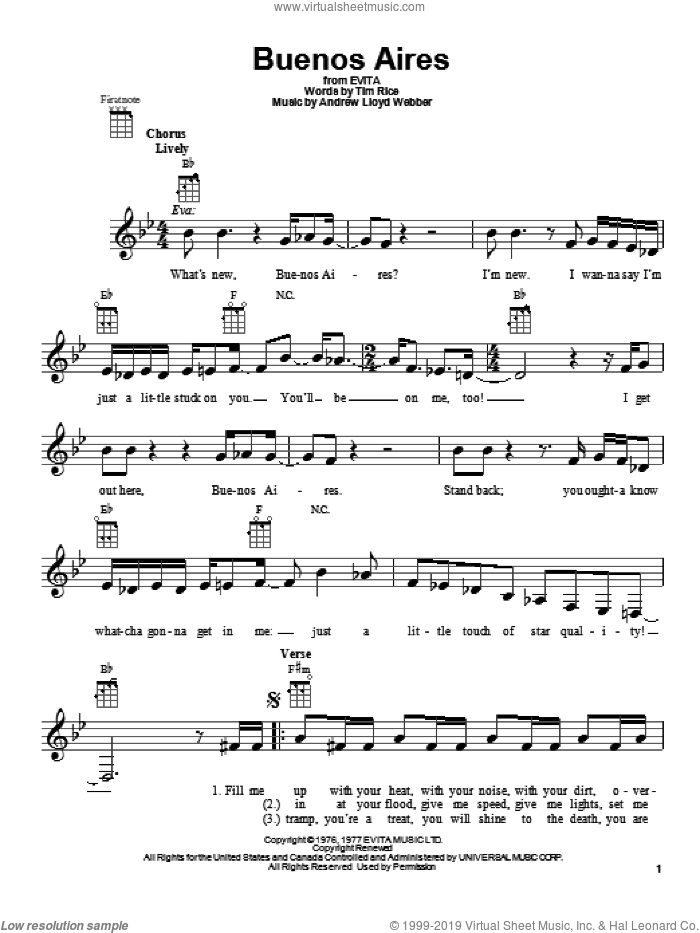 Buenos Aires sheet music for ukulele by Andrew Lloyd Webber and Tim Rice, intermediate skill level
