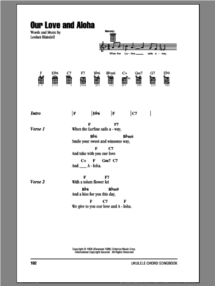 Our Love And Aloha sheet music for ukulele (chords) by Leolani Blaisdell, intermediate skill level