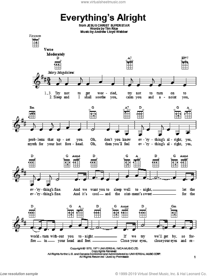 Everything's Alright sheet music for ukulele by Andrew Lloyd Webber and Tim Rice, intermediate skill level