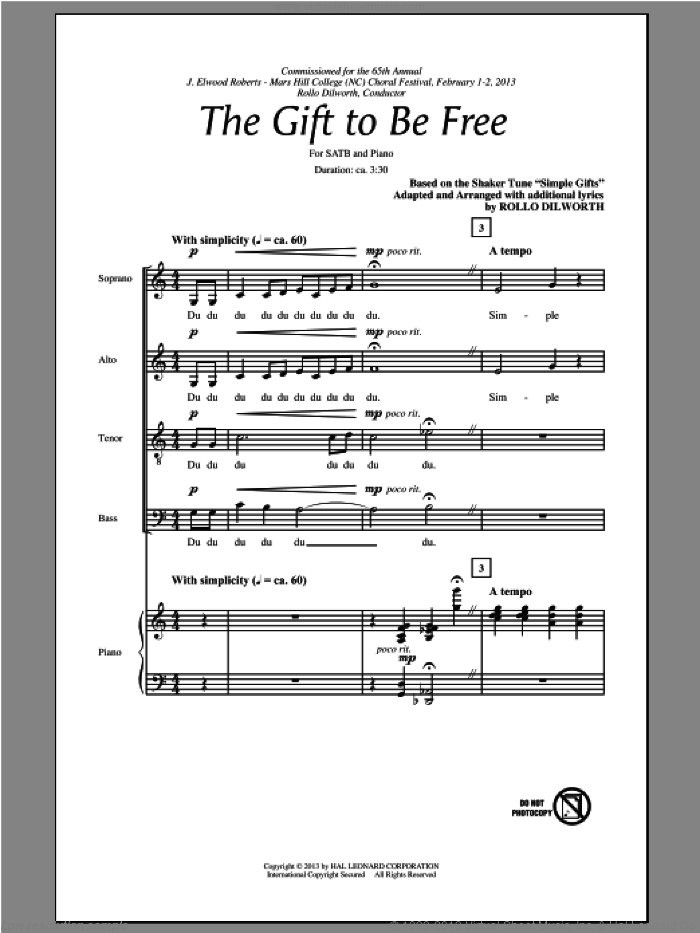 The Gift To Be Free sheet music for choir (SATB: soprano, alto, tenor, bass) by Rollo Dilworth, intermediate skill level