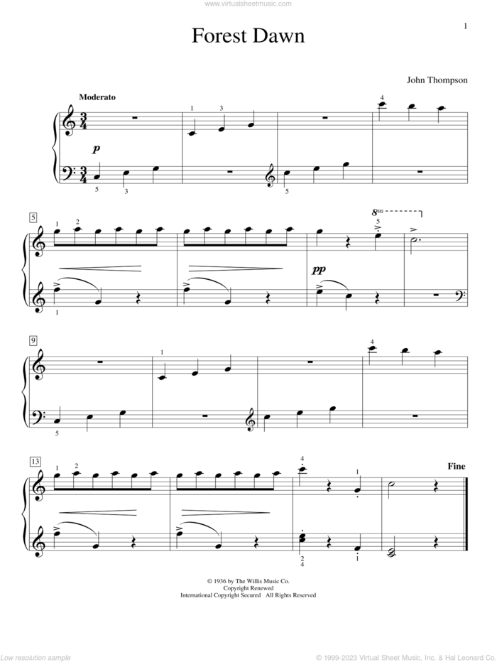 Forest Dawn sheet music for piano solo (elementary) by John Thompson, beginner piano (elementary)
