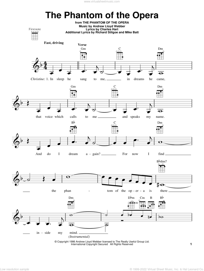 The Phantom Of The Opera sheet music for ukulele by Andrew Lloyd Webber, intermediate skill level