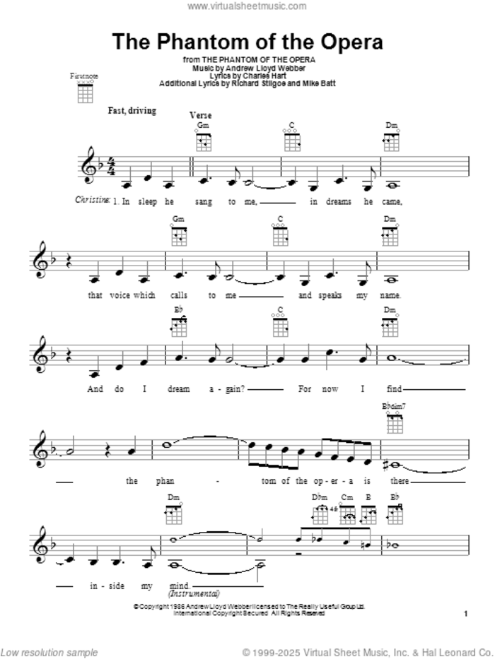 The Phantom Of The Opera sheet music for ukulele by Andrew Lloyd Webber, intermediate skill level