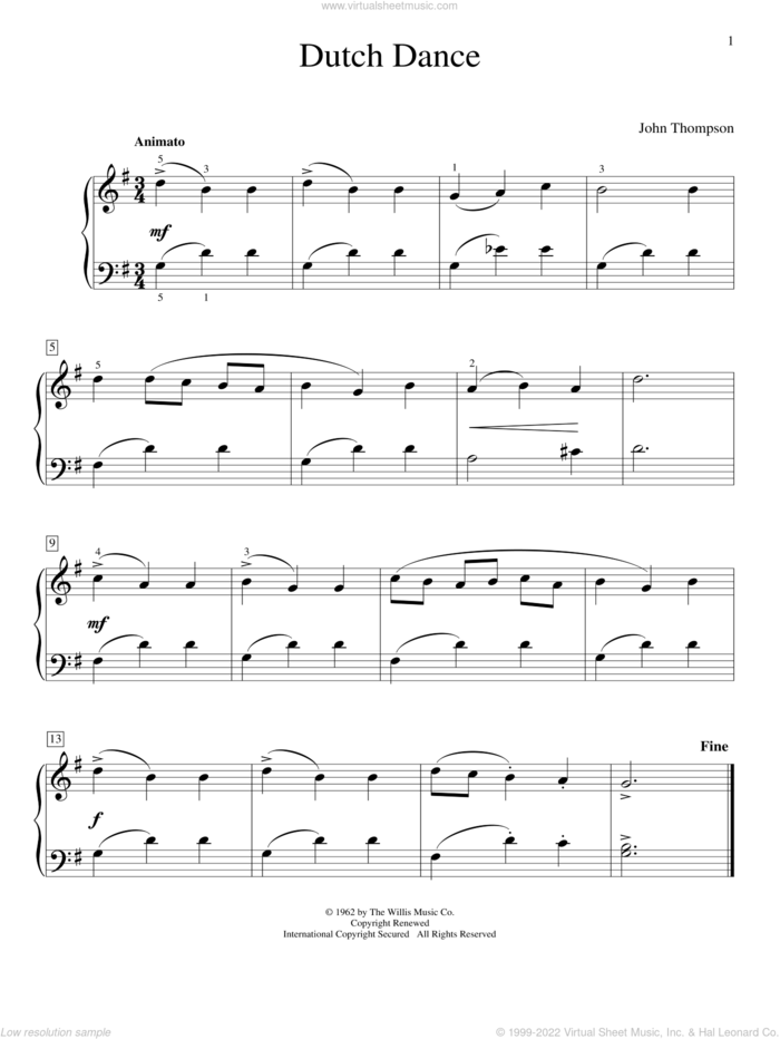 Dutch Dance sheet music for piano solo (elementary) by John Thompson, beginner piano (elementary)