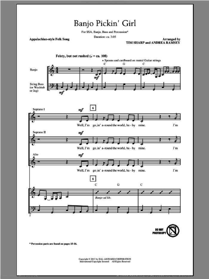 Banjo Pickin' Girl sheet music for choir (SSA: soprano, alto) by Tim Sharp and Andrea Ramsey, intermediate skill level