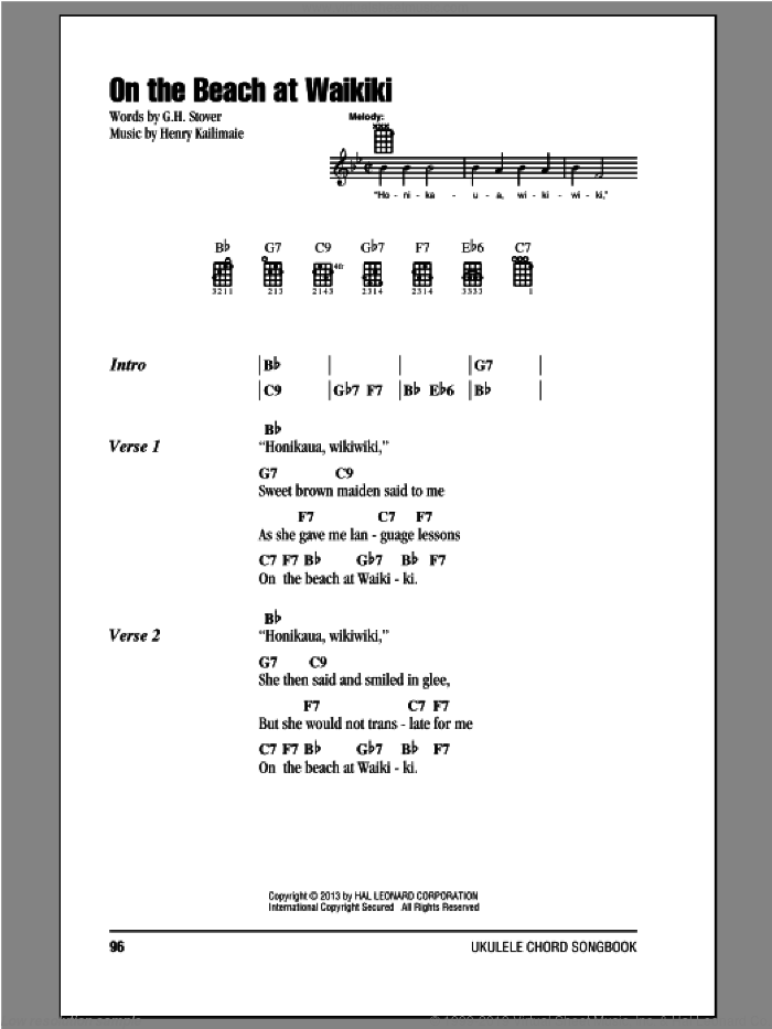 On The Beach At Waikiki sheet music for ukulele (chords) by G.H. Stover and Henry Kailimaie, intermediate skill level