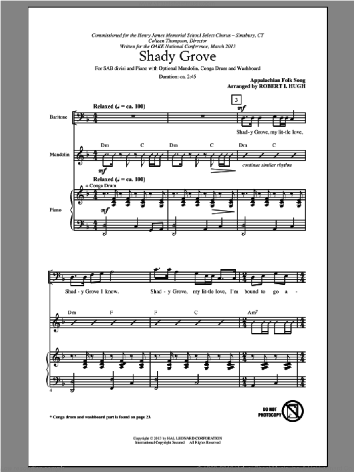 Shady Grove sheet music for choir (SAB: soprano, alto, bass) by Robert Hugh, intermediate skill level