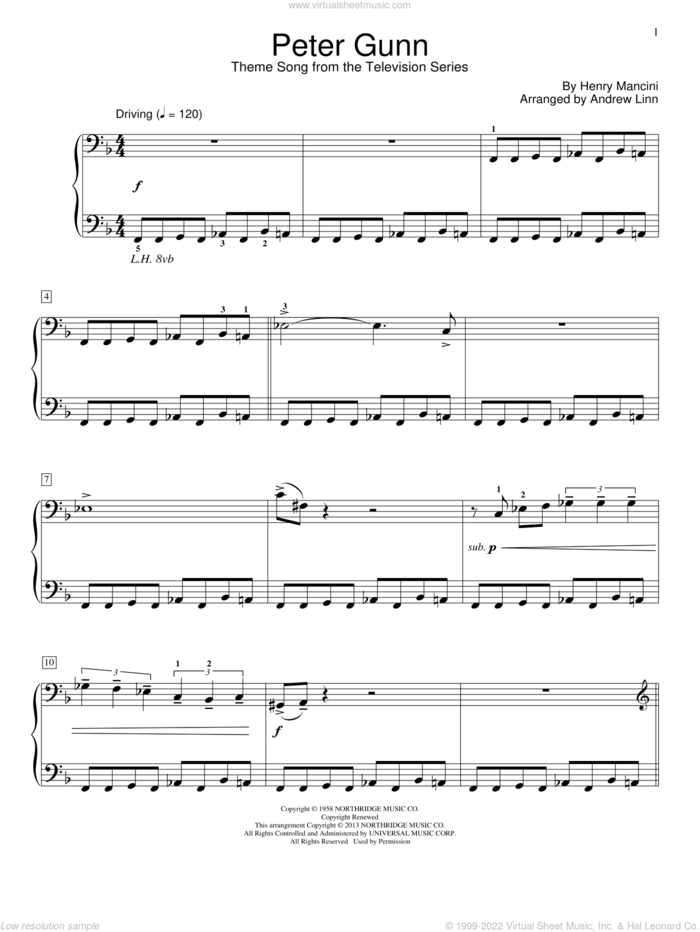 Peter Gunn sheet music for piano solo (elementary) by Henry Mancini and Andrew Linn, beginner piano (elementary)