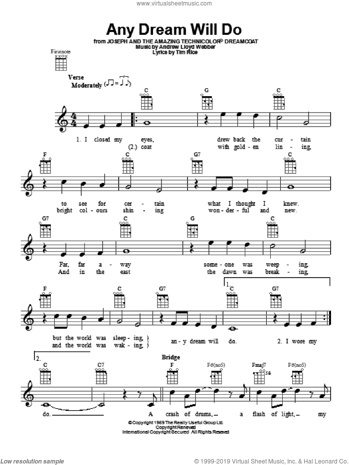 Any Dream Will Do sheet music for ukulele by Andrew Lloyd Webber, intermediate skill level