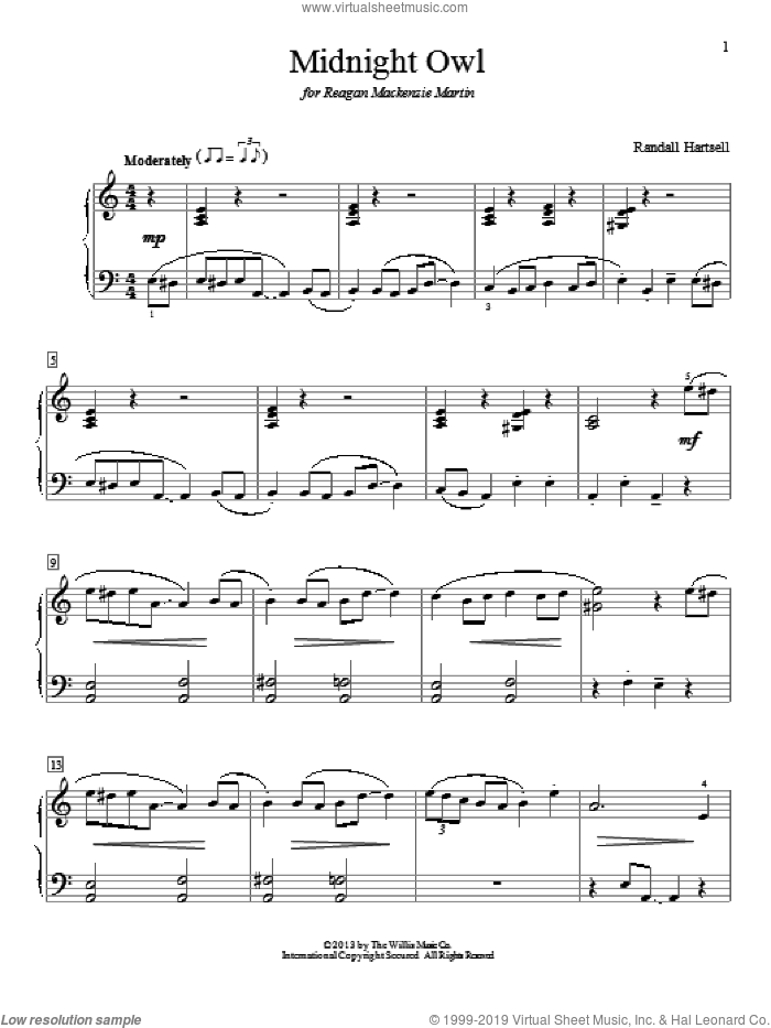 Midnight Owl sheet music for piano solo (elementary) by Randall Hartsell, beginner piano (elementary)