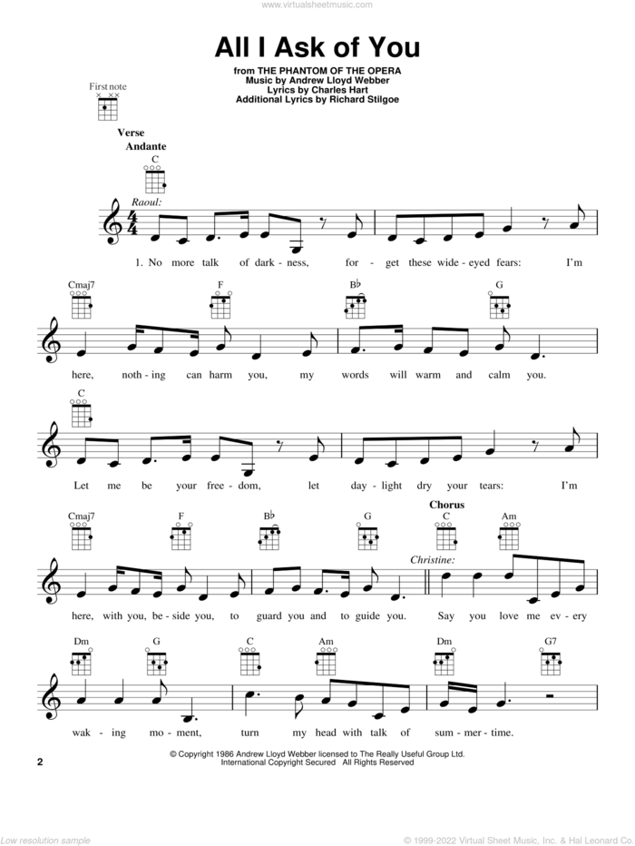All I Ask Of You (from The Phantom Of The Opera) sheet music for ukulele by Andrew Lloyd Webber, wedding score, intermediate skill level