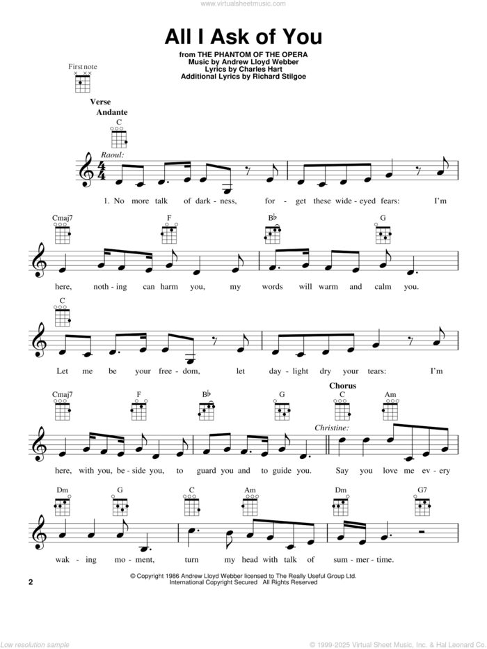 All I Ask Of You (from The Phantom Of The Opera) sheet music for ukulele by Andrew Lloyd Webber, wedding score, intermediate skill level