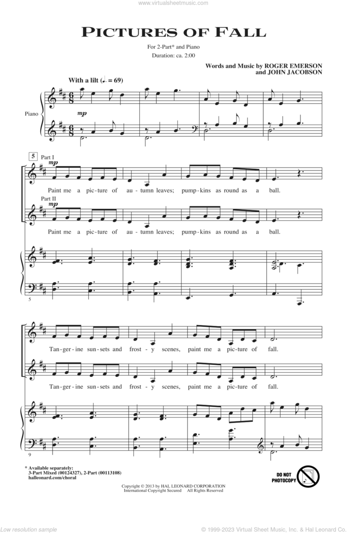 Pictures Of Fall sheet music for choir (2-Part) by Roger Emerson and John Jacobson, intermediate duet