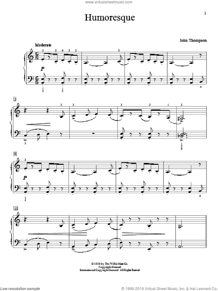 Humoresque sheet music for piano solo (elementary) by John Thompson, beginner piano (elementary)