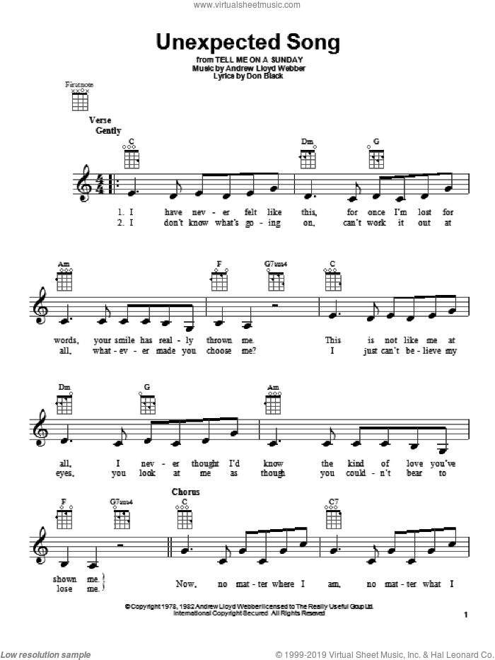Unexpected Song (from Song and Dance) sheet music for ukulele by Bernadette Peters, Andrew Lloyd Webber and Don Black, intermediate skill level