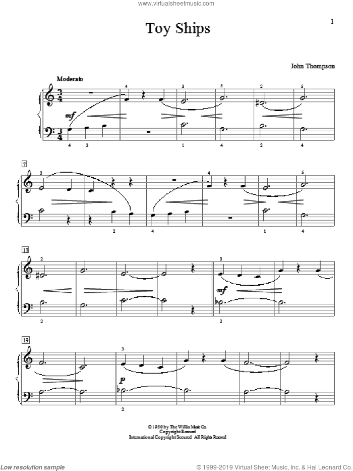 Toy Ships sheet music for piano solo (elementary) by John Thompson, beginner piano (elementary)