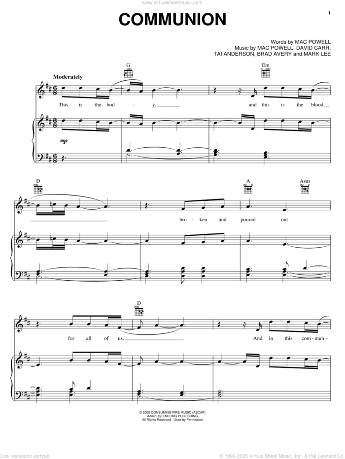 Communion sheet music for voice, piano or guitar by Third Day, Brad Avery, David Carr, Mac Powell, Mark Lee and Tai Anderson, intermediate skill level