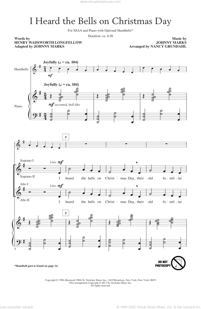 I Heard The Bells On Christmas Day sheet music for choir (SSA: soprano, alto) by Nancy Grundahl, intermediate skill level