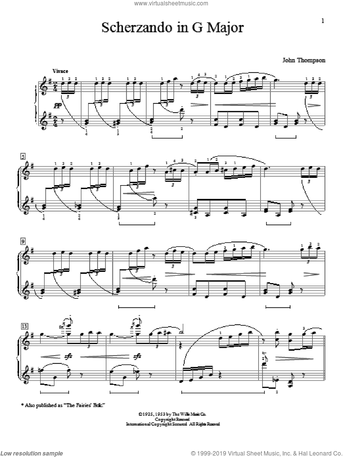 Scherzando In G Major sheet music for piano solo (elementary) by John Thompson, beginner piano (elementary)