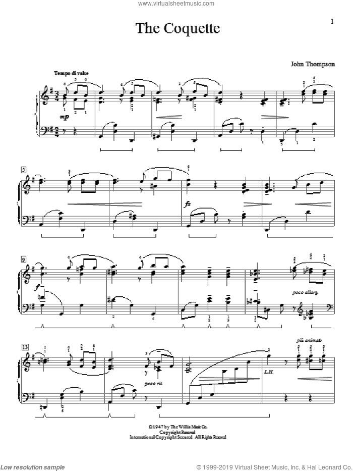 The Coquette sheet music for piano solo (elementary) by John Thompson, beginner piano (elementary)