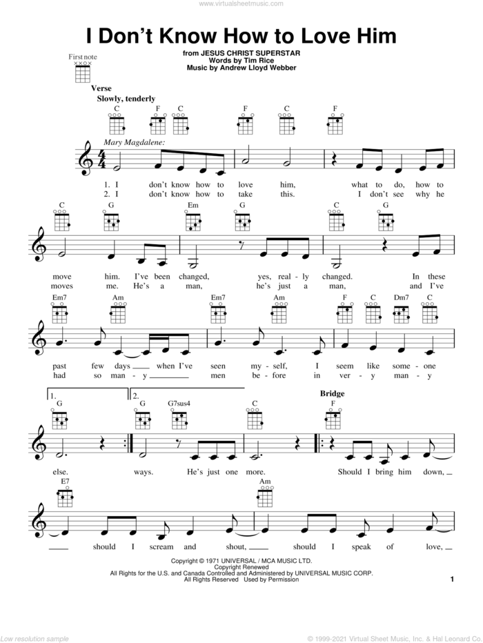 I Don't Know How To Love Him (from Jesus Christ Superstar) sheet music for ukulele by Andrew Lloyd Webber and Tim Rice, intermediate skill level
