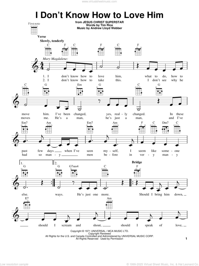 I Don't Know How To Love Him (from Jesus Christ Superstar) sheet music for ukulele by Andrew Lloyd Webber and Tim Rice, intermediate skill level