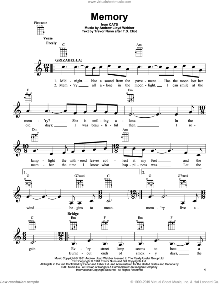 Memory (from Cats) sheet music for ukulele by Andrew Lloyd Webber, intermediate skill level