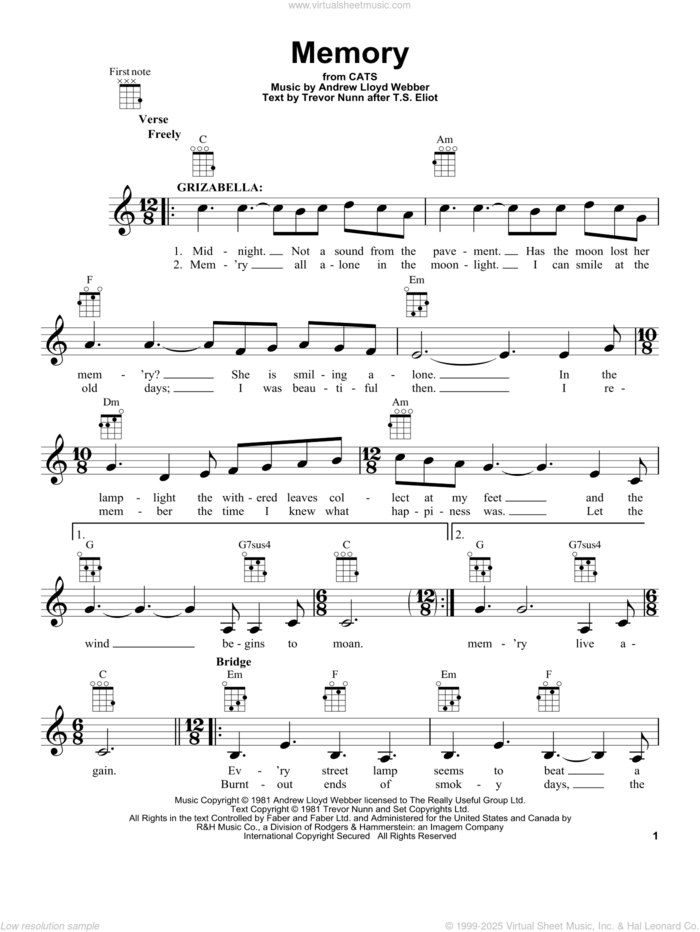 Memory (from Cats) sheet music for ukulele by Andrew Lloyd Webber, intermediate skill level