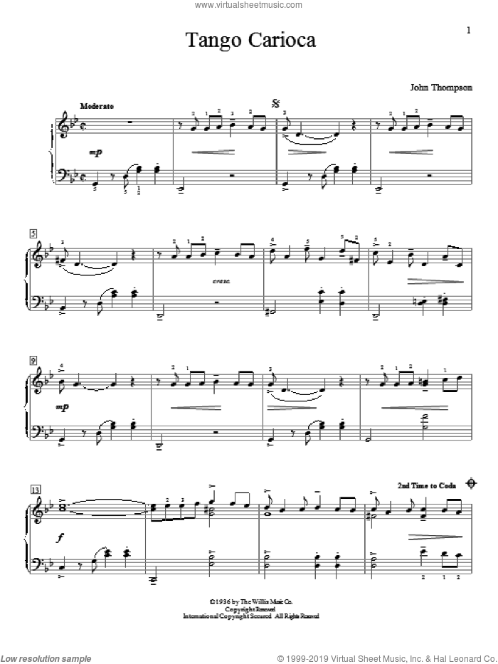 Tango Carioca sheet music for piano solo (elementary) by John Thompson, beginner piano (elementary)