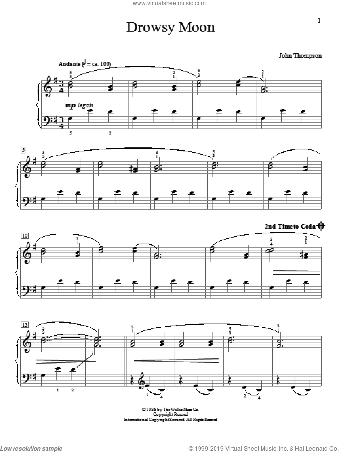Drowsy Moon sheet music for piano solo (elementary) by John Thompson, beginner piano (elementary)